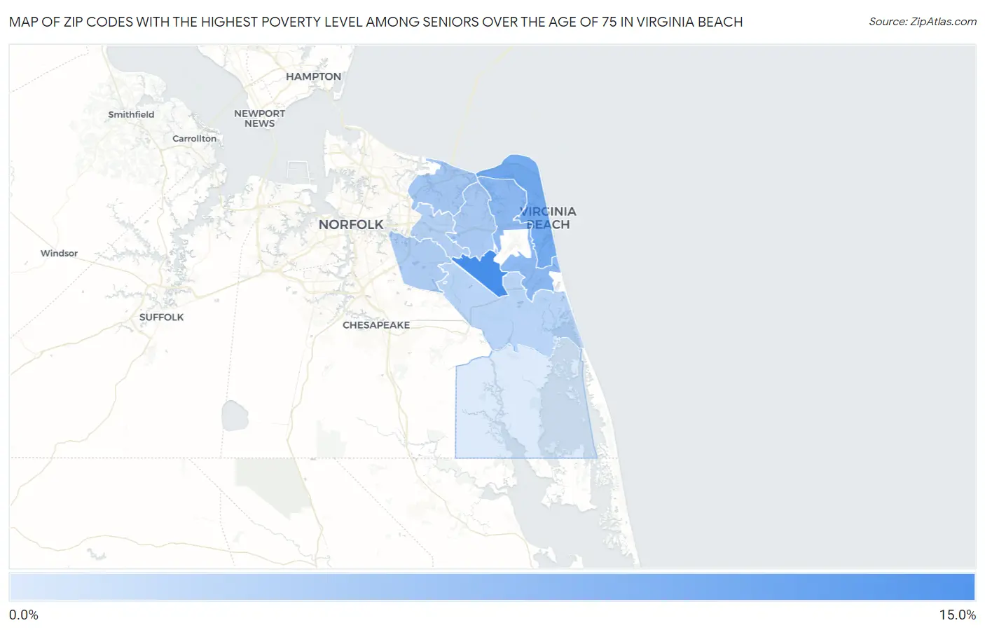 Zip Codes with the Highest Poverty Level Among Seniors Over the Age of 75 in Virginia Beach Map