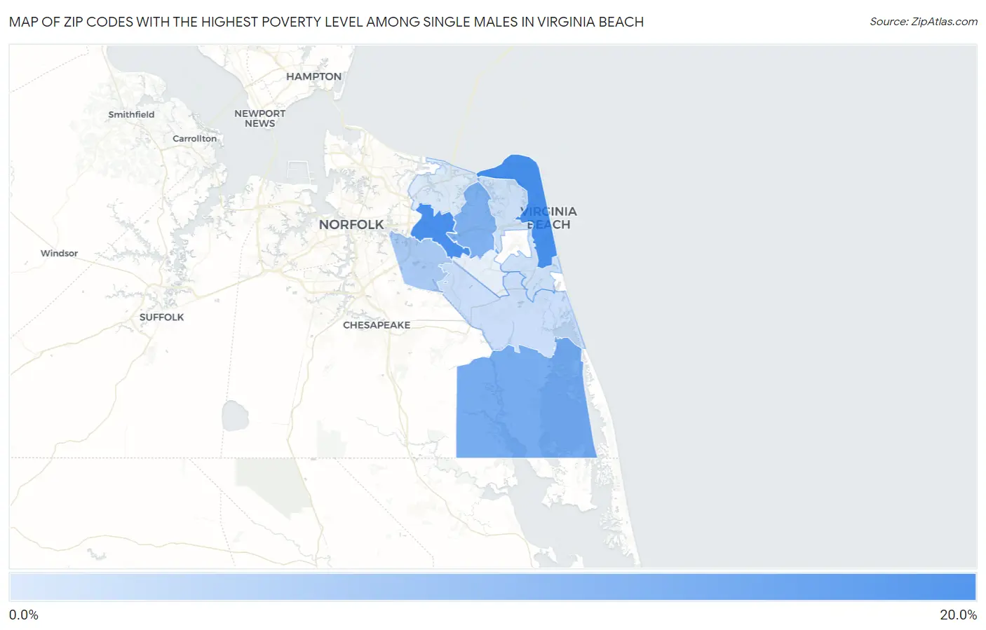 Zip Codes with the Highest Poverty Level Among Single Males in Virginia Beach Map
