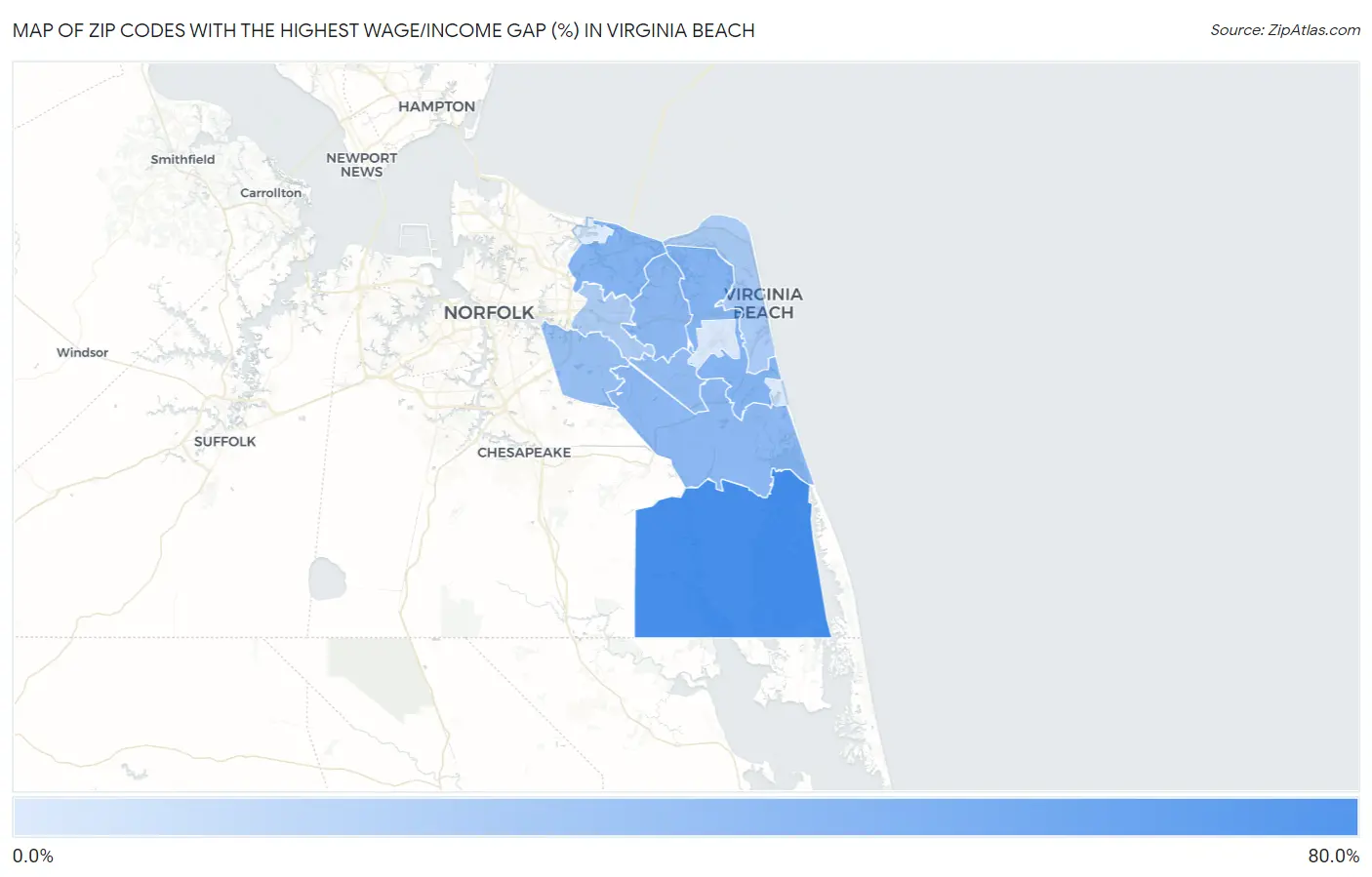 Zip Codes with the Highest Wage/Income Gap (%) in Virginia Beach Map