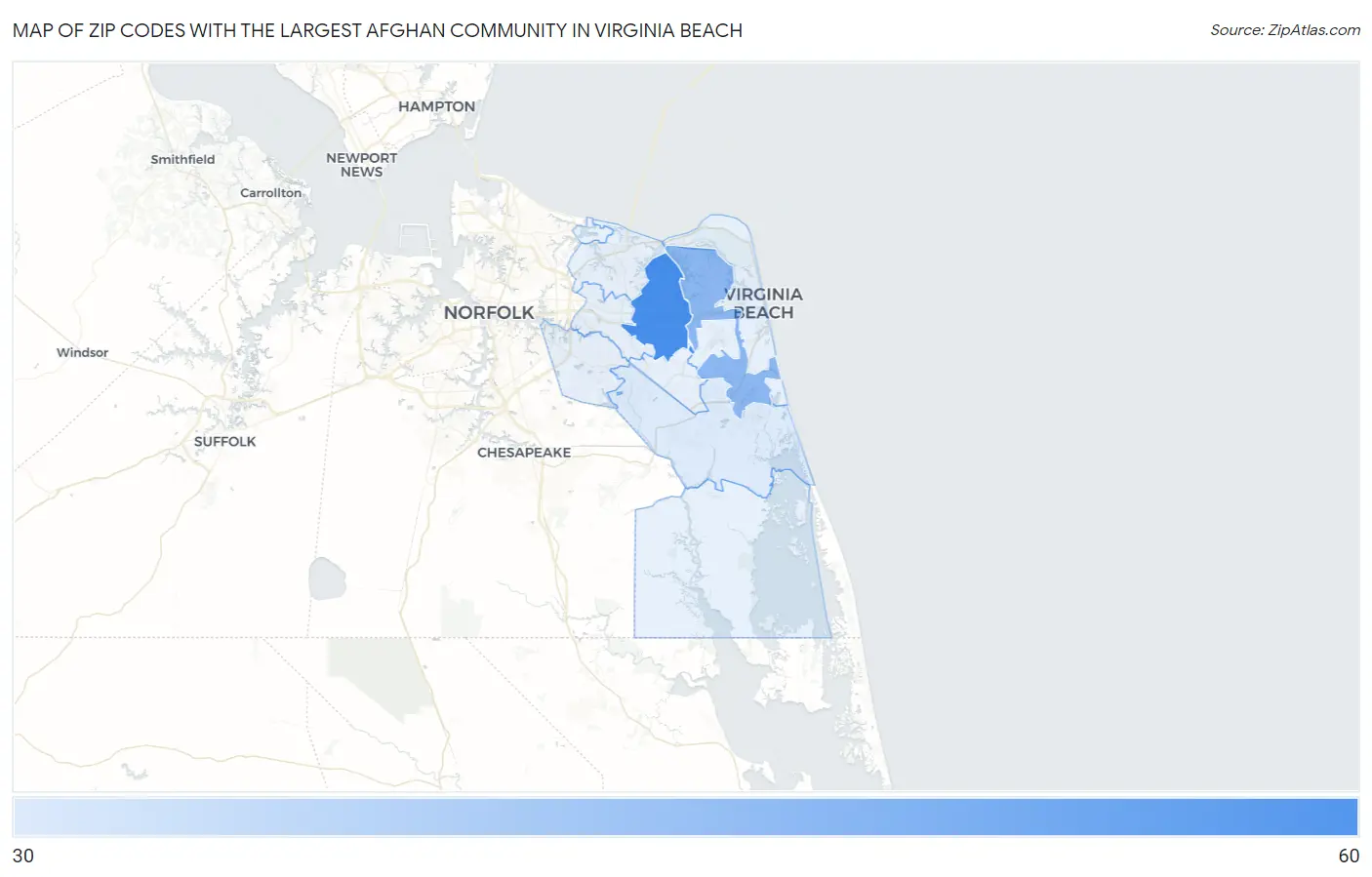 Zip Codes with the Largest Afghan Community in Virginia Beach Map
