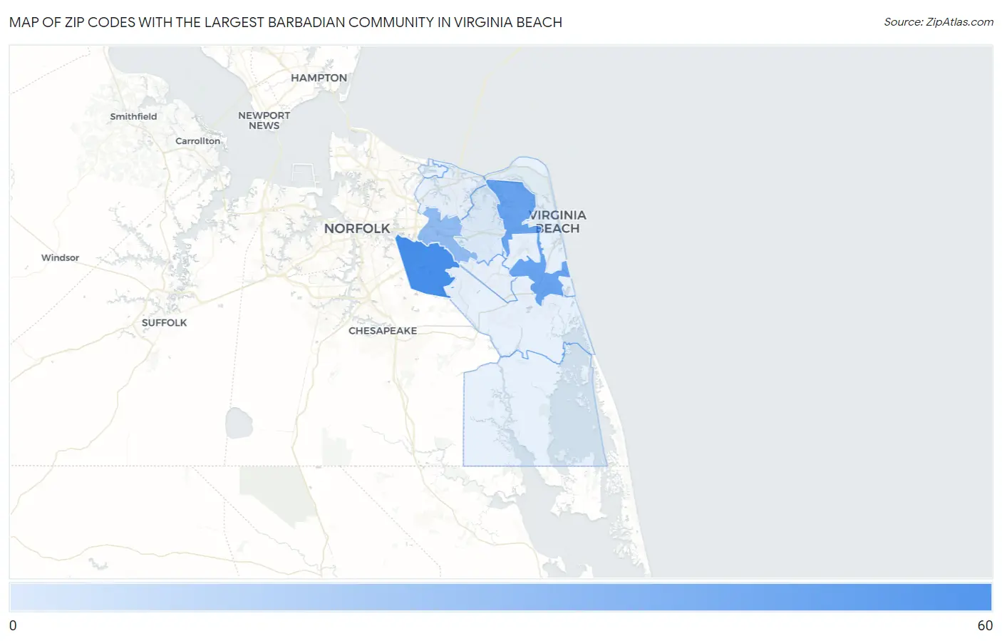 Zip Codes with the Largest Barbadian Community in Virginia Beach Map