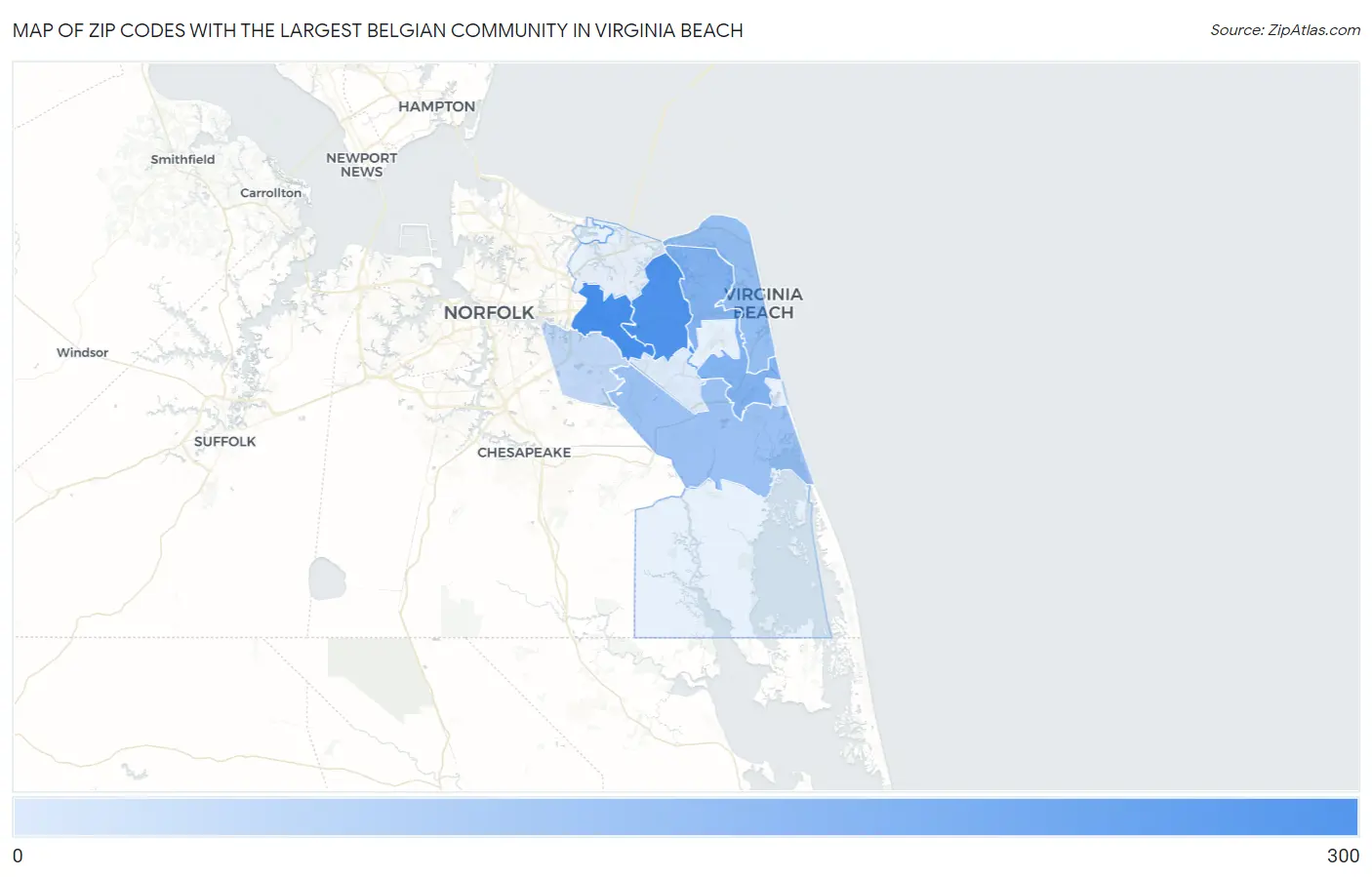 Zip Codes with the Largest Belgian Community in Virginia Beach Map