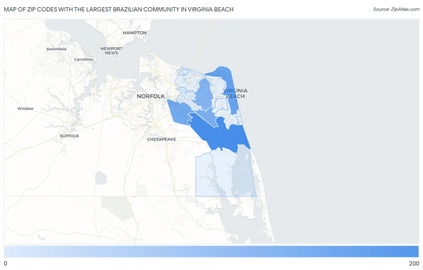 Zip Codes with the Largest Brazilian Community in Virginia Beach Map