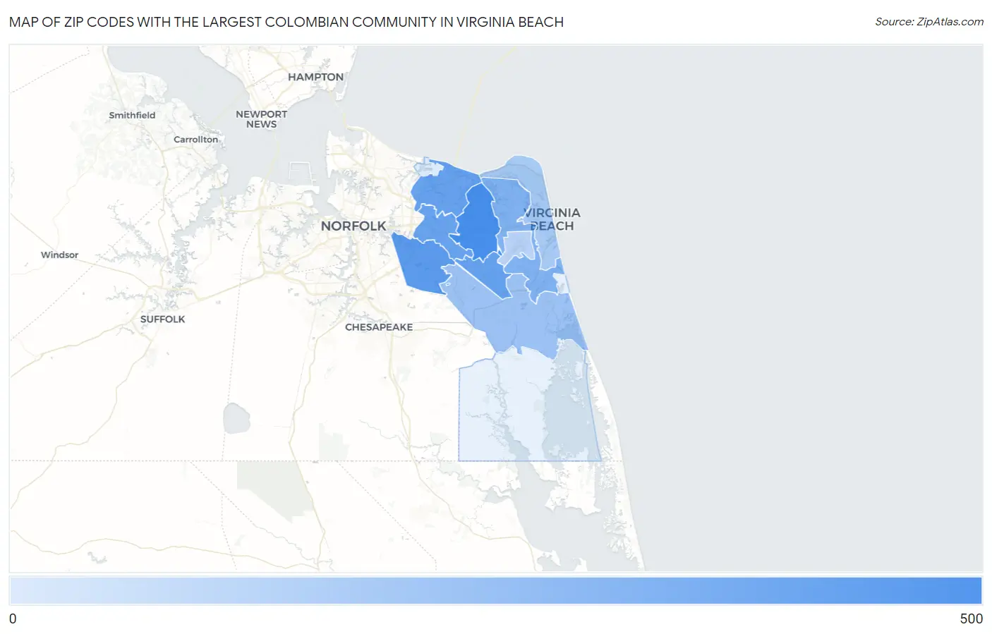 Zip Codes with the Largest Colombian Community in Virginia Beach Map