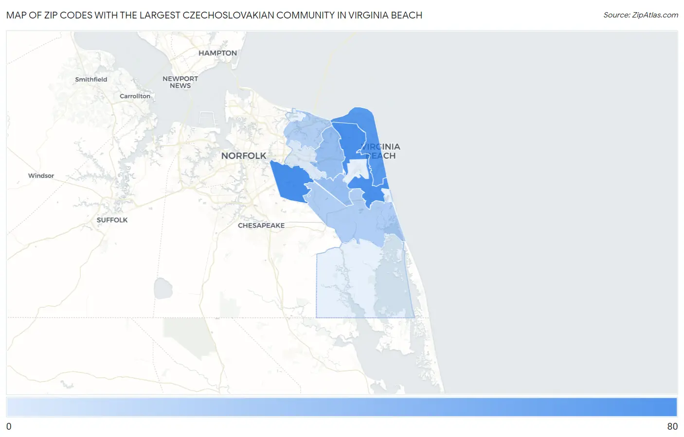 Zip Codes with the Largest Czechoslovakian Community in Virginia Beach Map