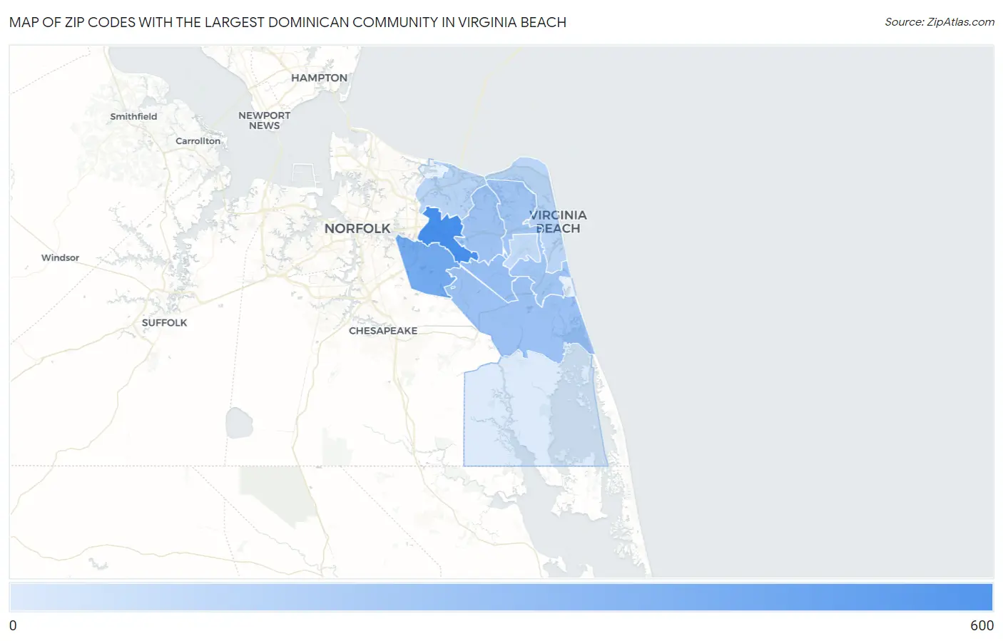 Zip Codes with the Largest Dominican Community in Virginia Beach Map