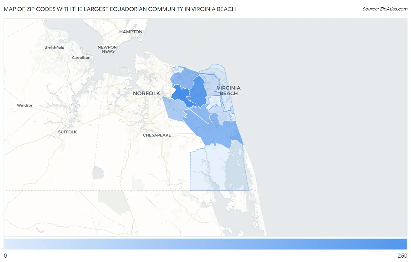 Zip Codes with the Largest Ecuadorian Community in Virginia Beach Map