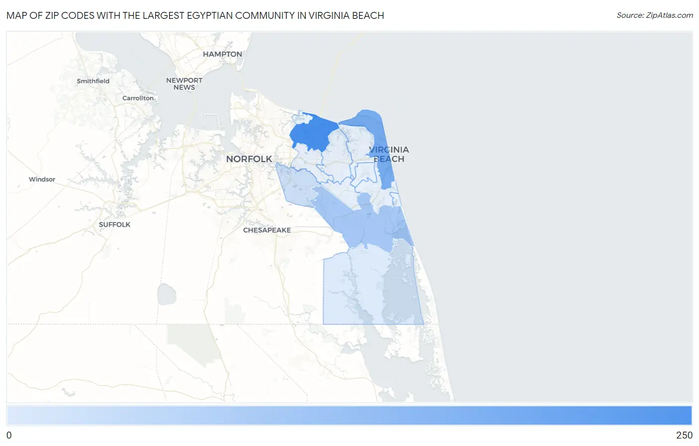 Zip Codes with the Largest Egyptian Community in Virginia Beach Map