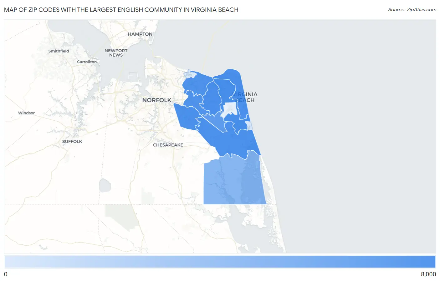 Zip Codes with the Largest English Community in Virginia Beach Map