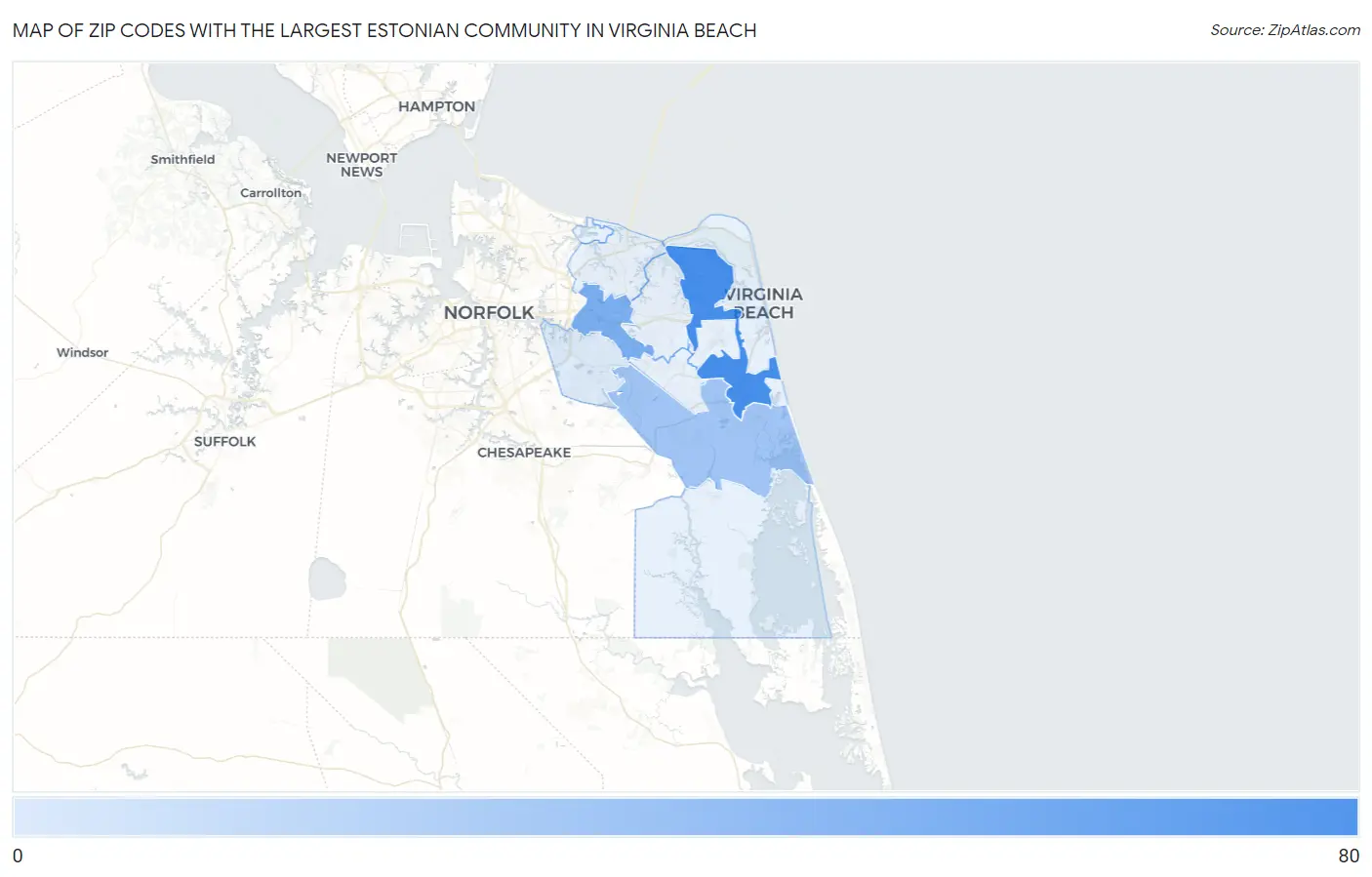 Zip Codes with the Largest Estonian Community in Virginia Beach Map