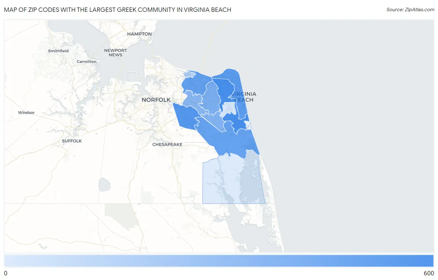 Zip Codes with the Largest Greek Community in Virginia Beach Map