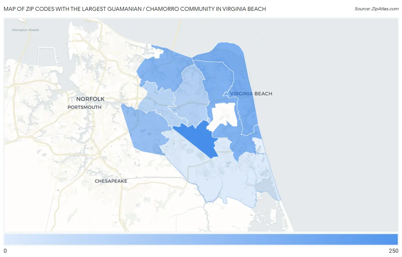 Zip Codes with the Largest Guamanian / Chamorro Community in Virginia Beach Map