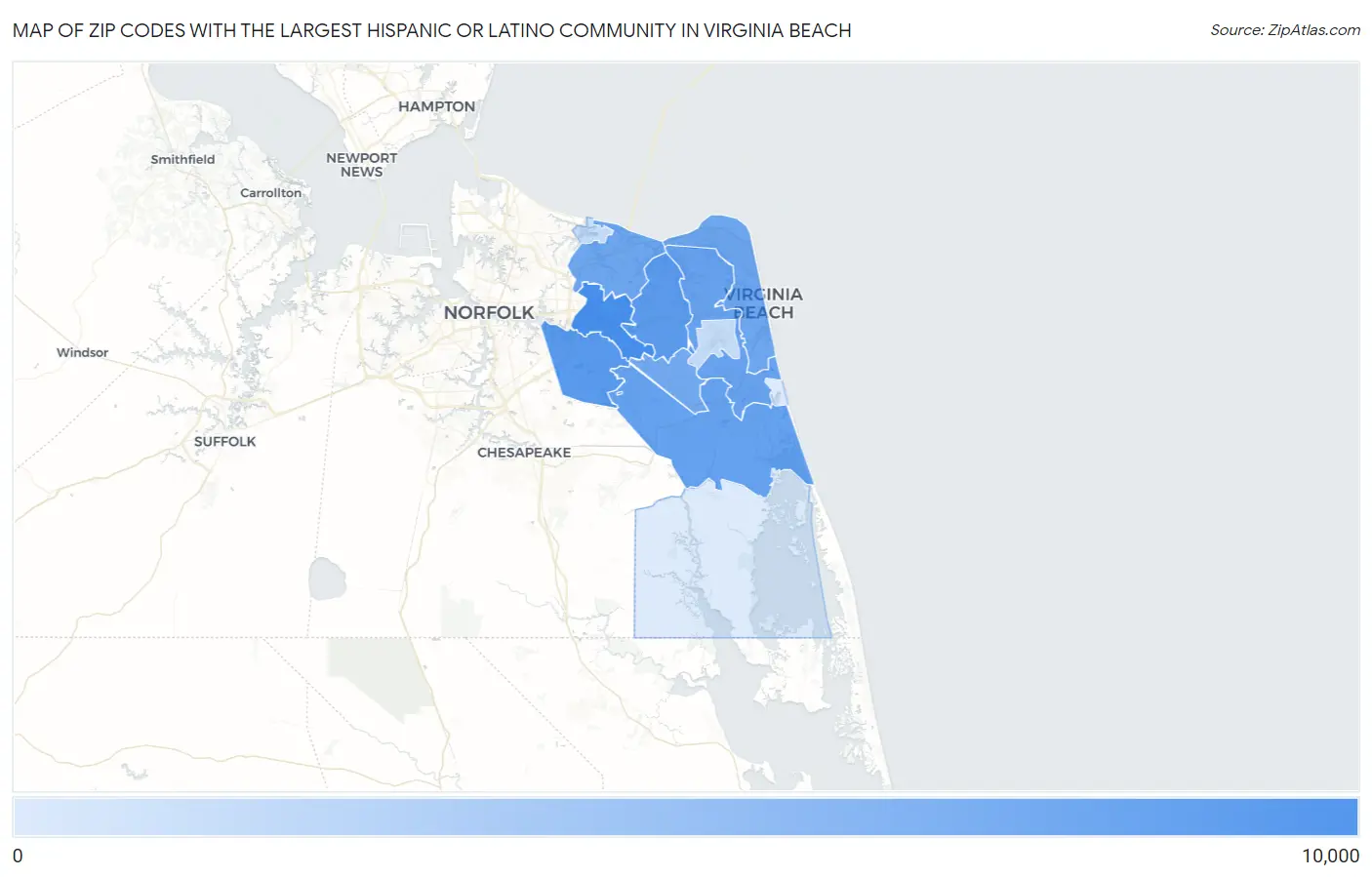 Zip Codes with the Largest Hispanic or Latino Community in Virginia Beach Map