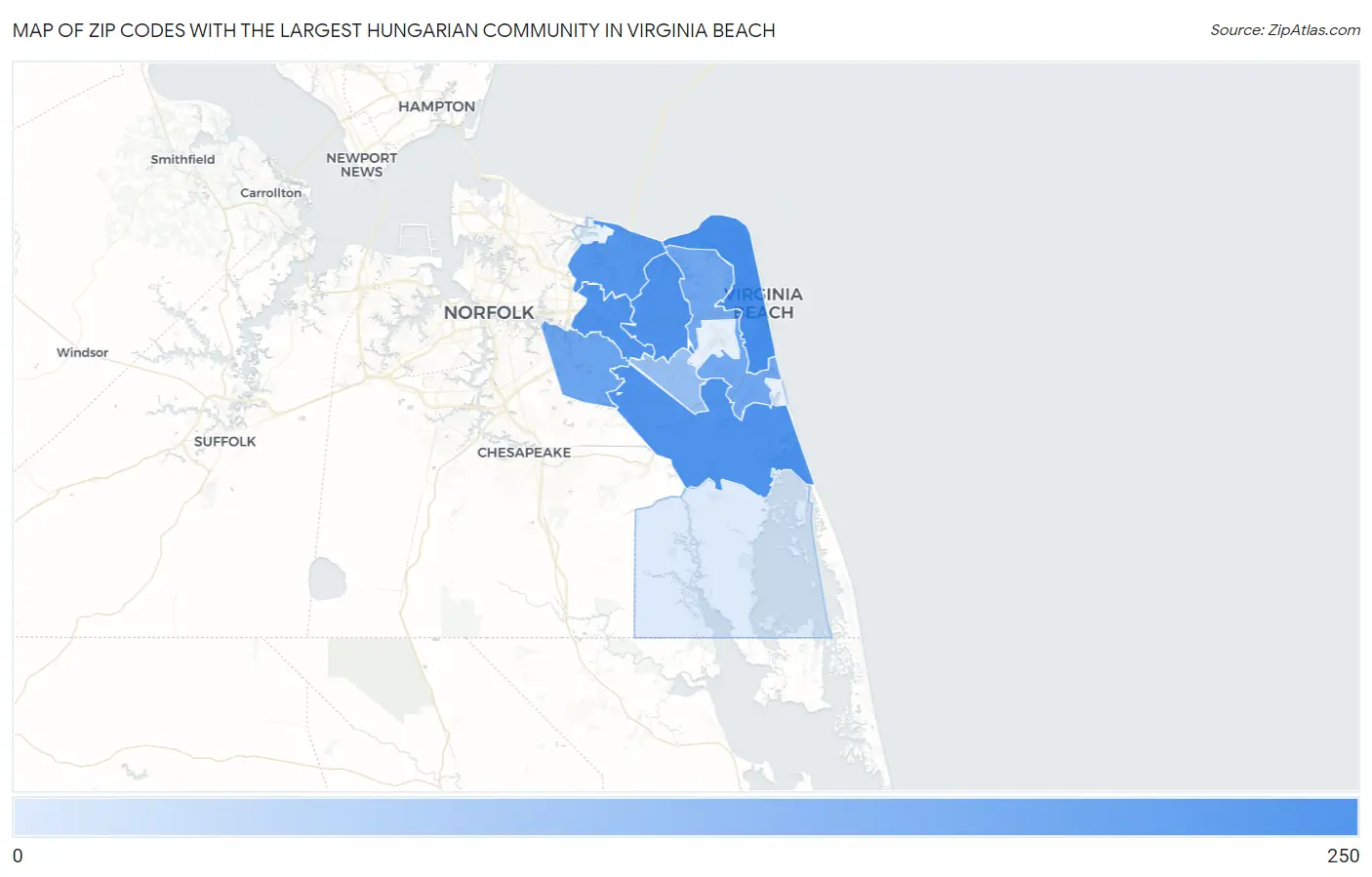 Zip Codes with the Largest Hungarian Community in Virginia Beach Map