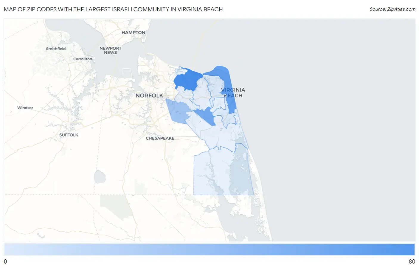 Zip Codes with the Largest Israeli Community in Virginia Beach Map