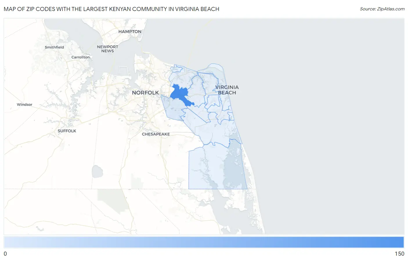 Zip Codes with the Largest Kenyan Community in Virginia Beach Map