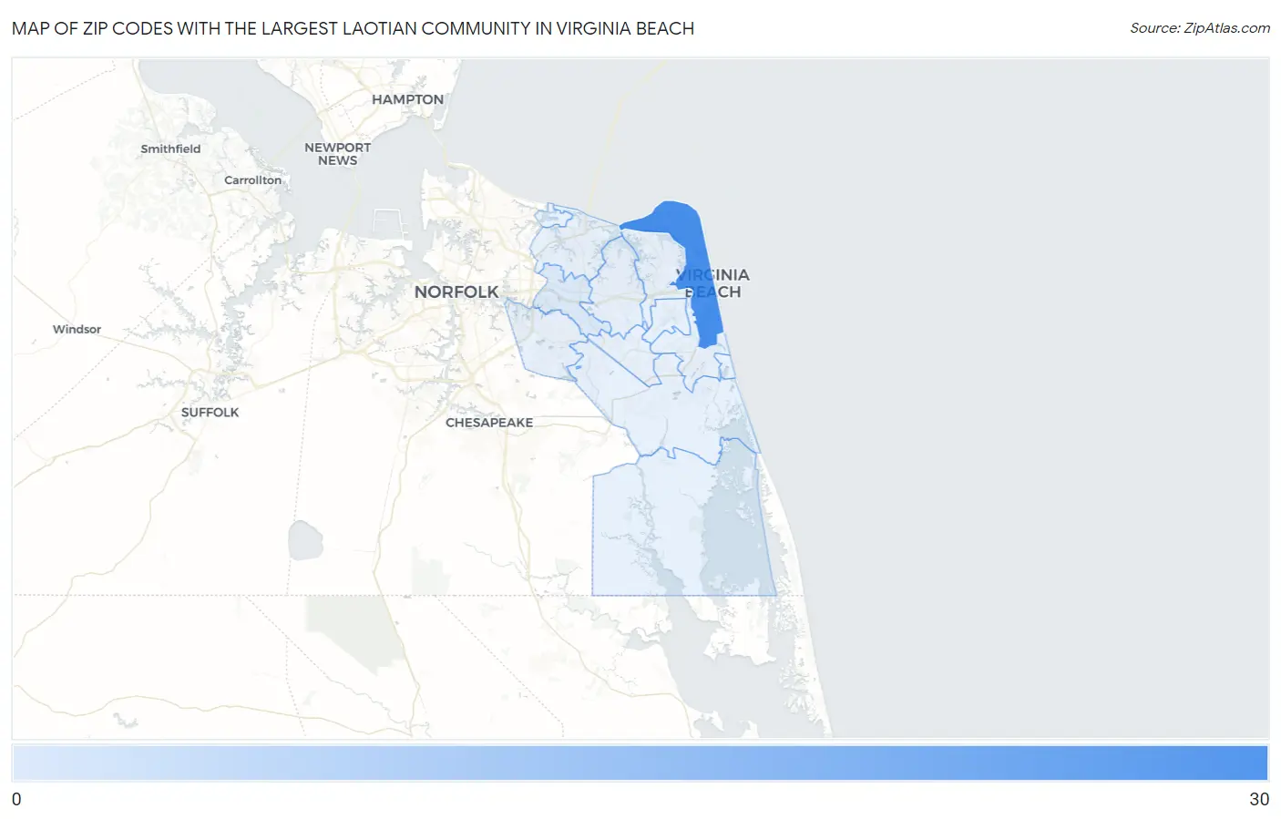 Zip Codes with the Largest Laotian Community in Virginia Beach Map
