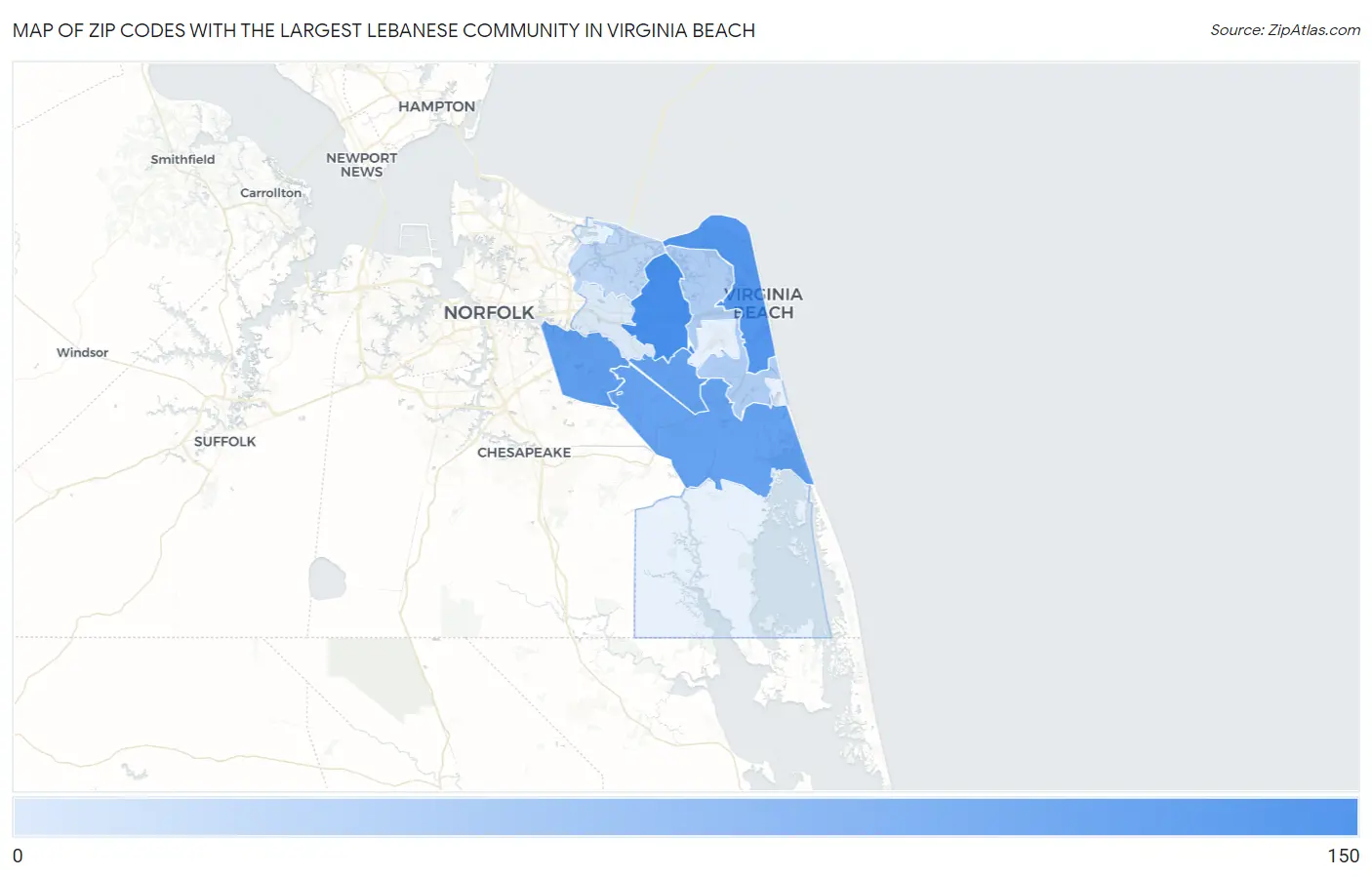 Zip Codes with the Largest Lebanese Community in Virginia Beach Map