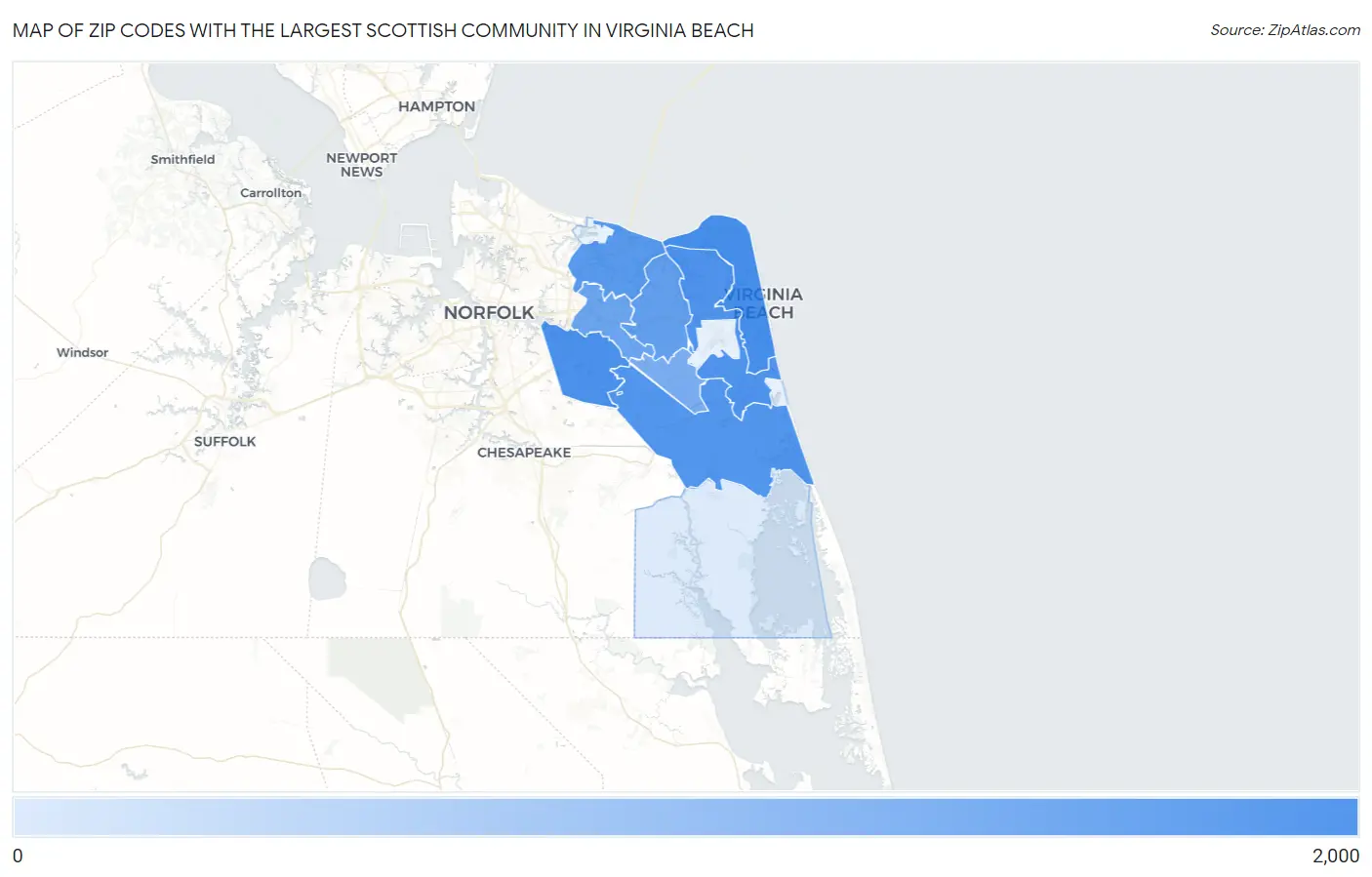 Zip Codes with the Largest Scottish Community in Virginia Beach Map