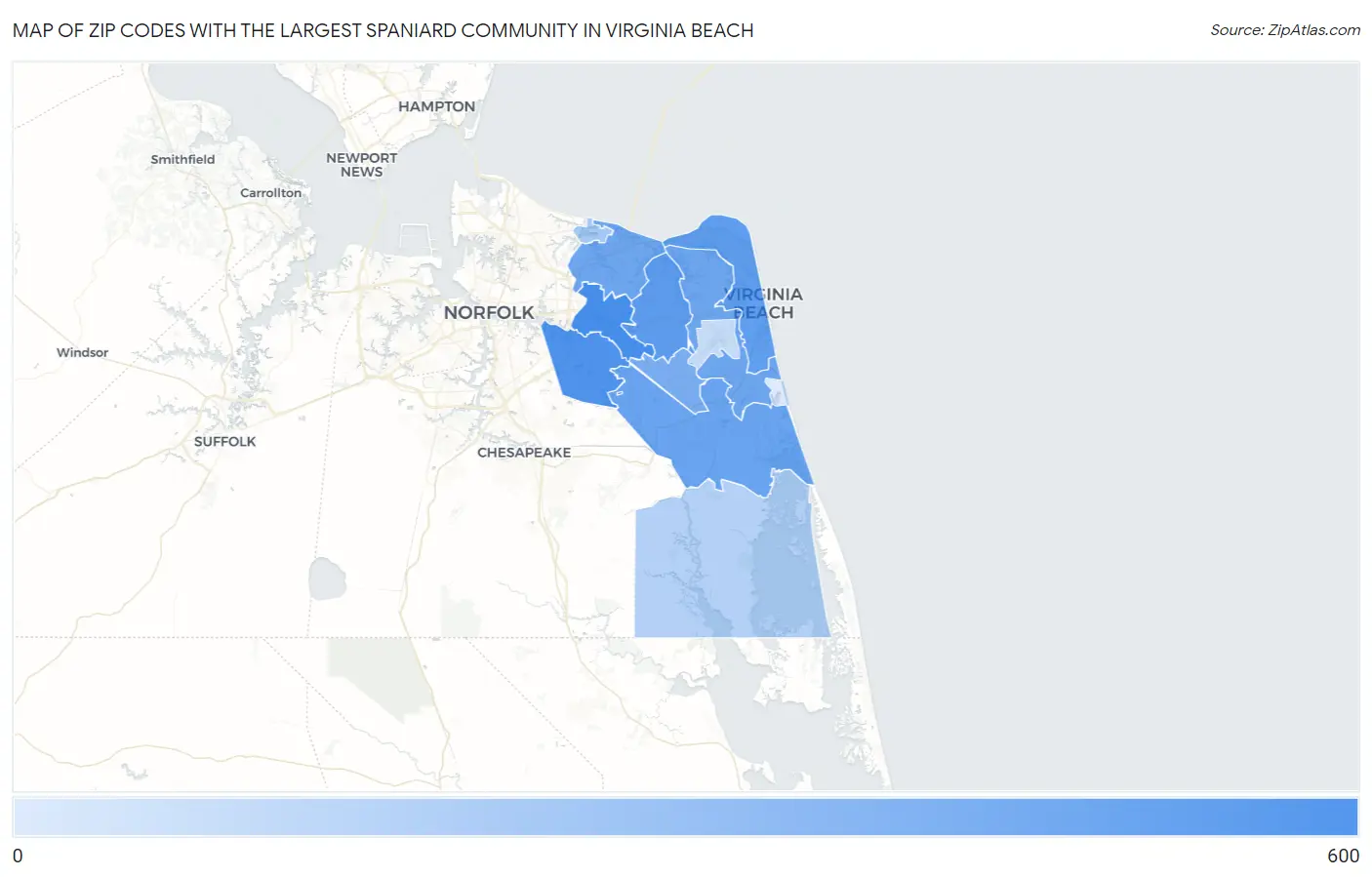 Zip Codes with the Largest Spaniard Community in Virginia Beach Map