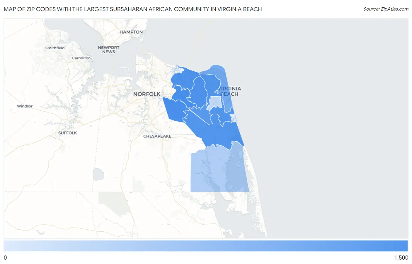 Zip Codes with the Largest Subsaharan African Community in Virginia Beach Map