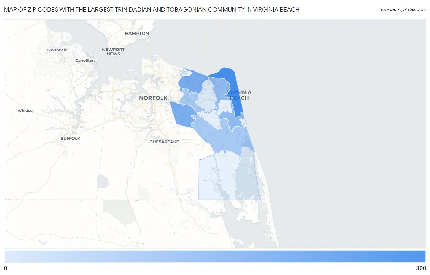 Zip Codes with the Largest Trinidadian and Tobagonian Community in Virginia Beach Map