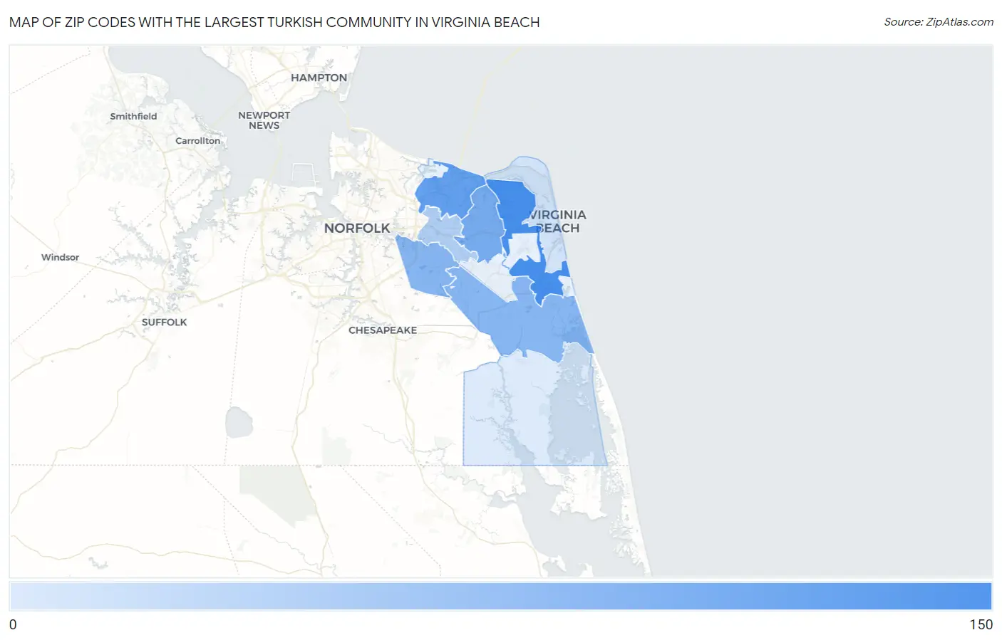 Zip Codes with the Largest Turkish Community in Virginia Beach Map