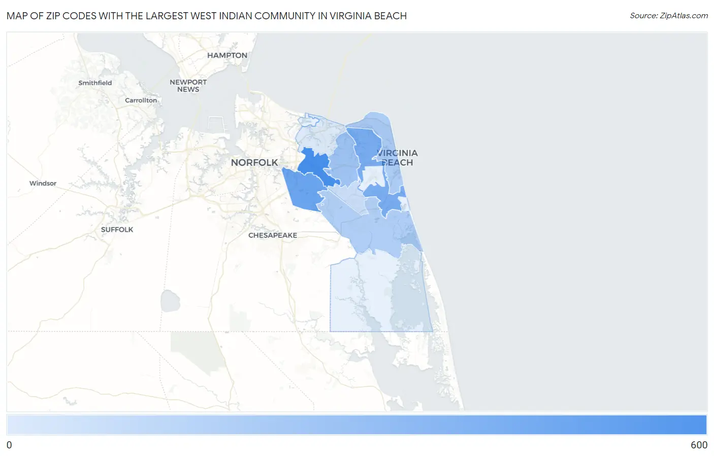 Zip Codes with the Largest West Indian Community in Virginia Beach Map