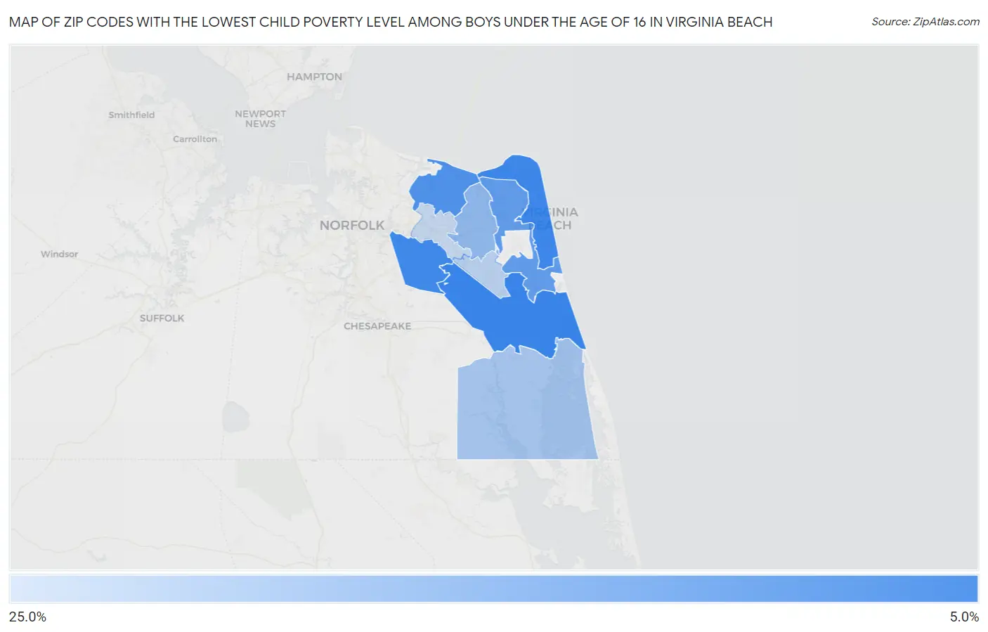 Zip Codes with the Lowest Child Poverty Level Among Boys Under the Age of 16 in Virginia Beach Map