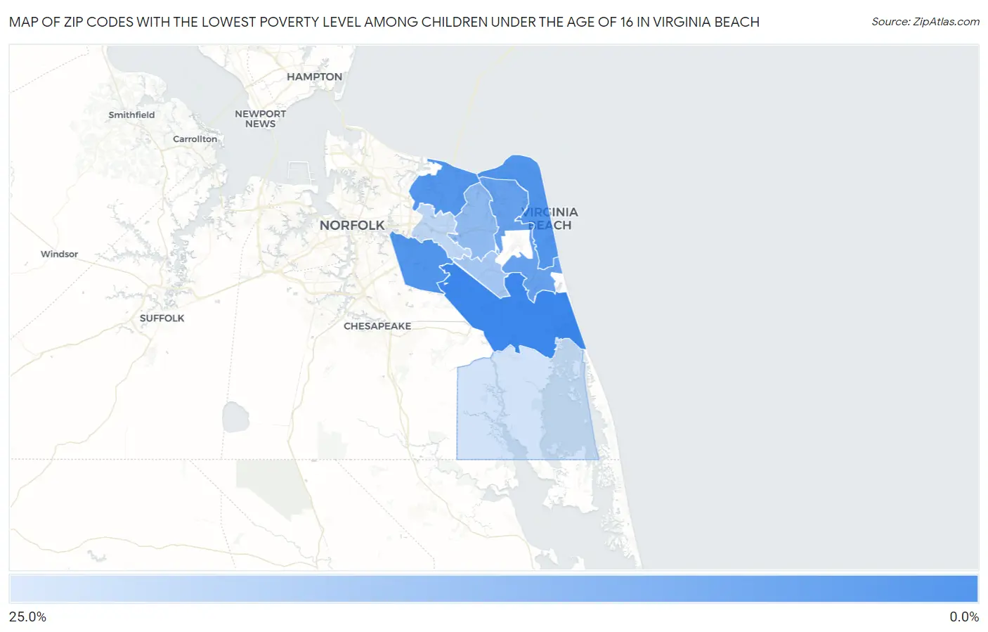 Zip Codes with the Lowest Poverty Level Among Children Under the Age of 16 in Virginia Beach Map