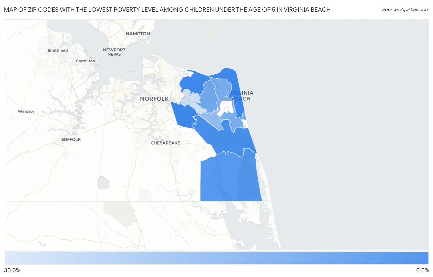 Zip Codes with the Lowest Poverty Level Among Children Under the Age of 5 in Virginia Beach Map