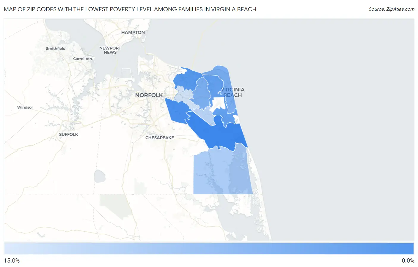 Zip Codes with the Lowest Poverty Level Among Families in Virginia Beach Map