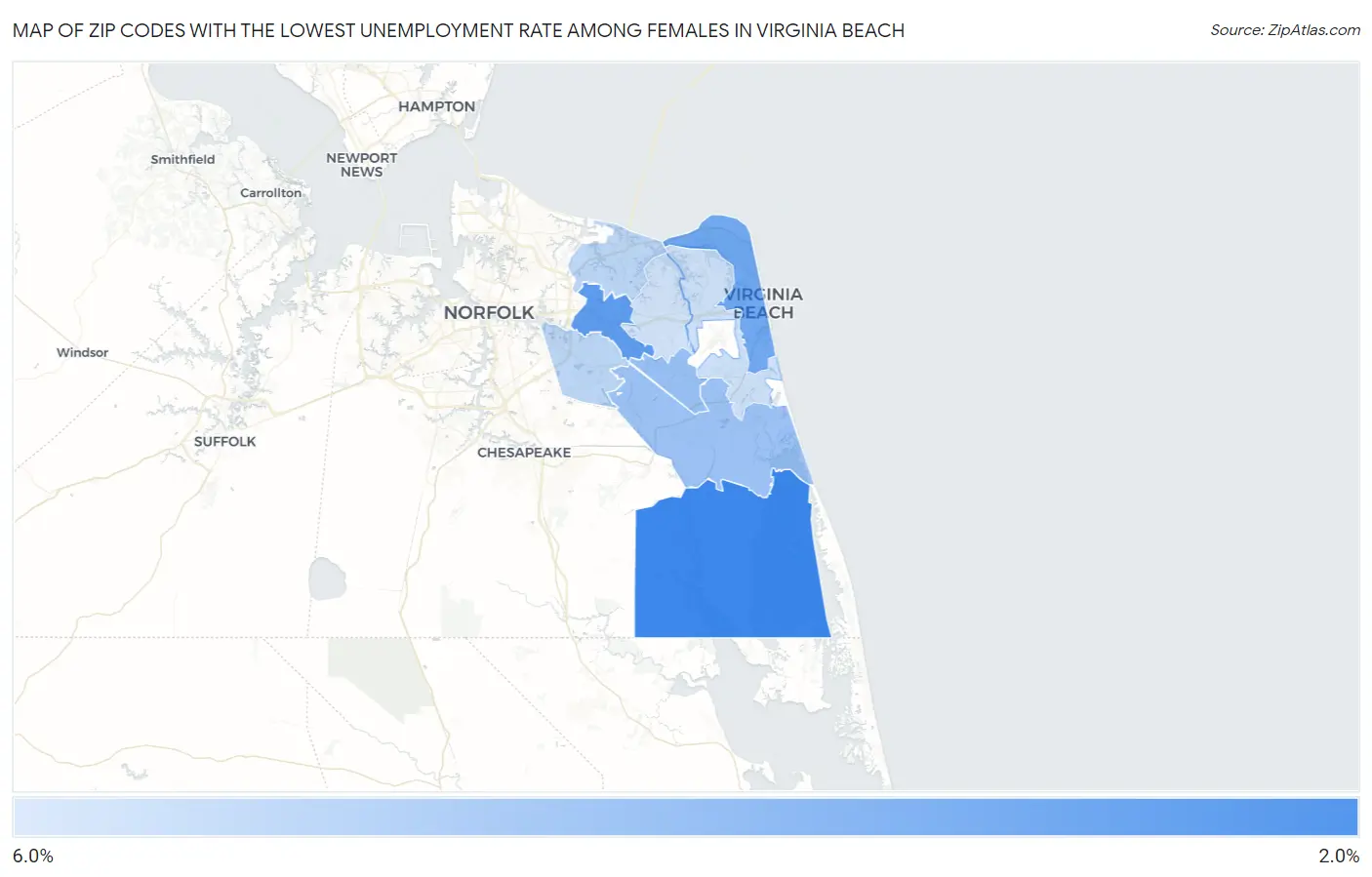 Zip Codes with the Lowest Unemployment Rate Among Females in Virginia Beach Map
