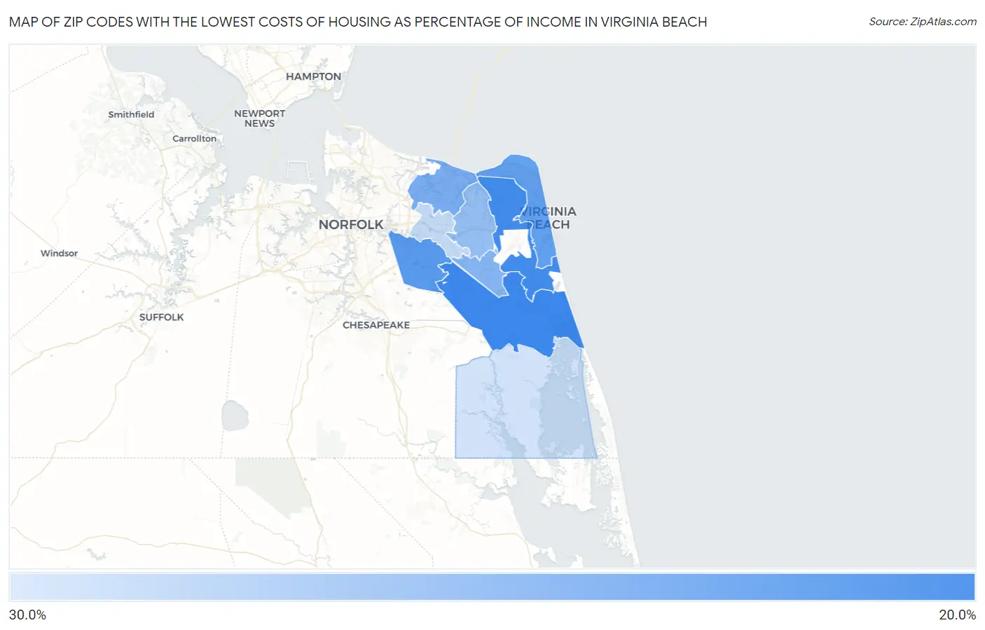 Zip Codes with the Lowest Costs of Housing as Percentage of Income in Virginia Beach Map