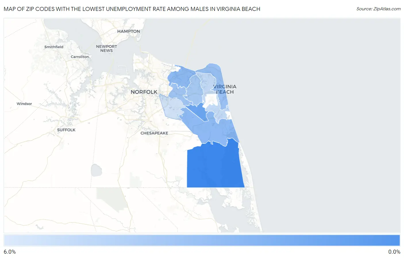 Zip Codes with the Lowest Unemployment Rate Among Males in Virginia Beach Map