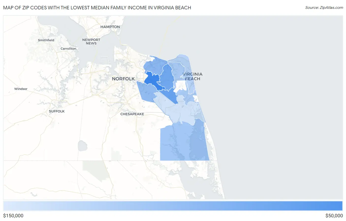 Zip Codes with the Lowest Median Family Income in Virginia Beach Map