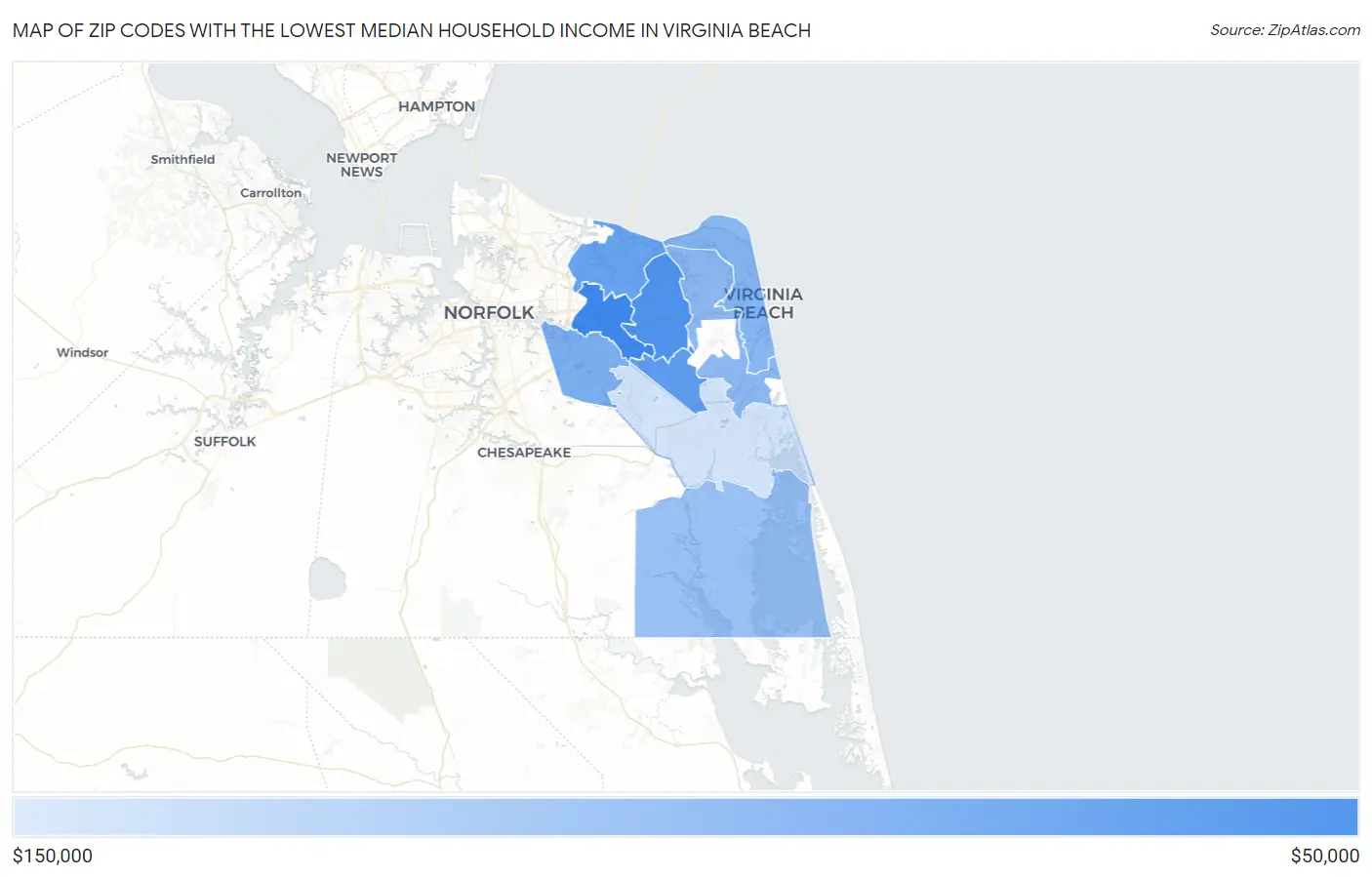 Zip Codes with the Lowest Median Household Income in Virginia Beach Map