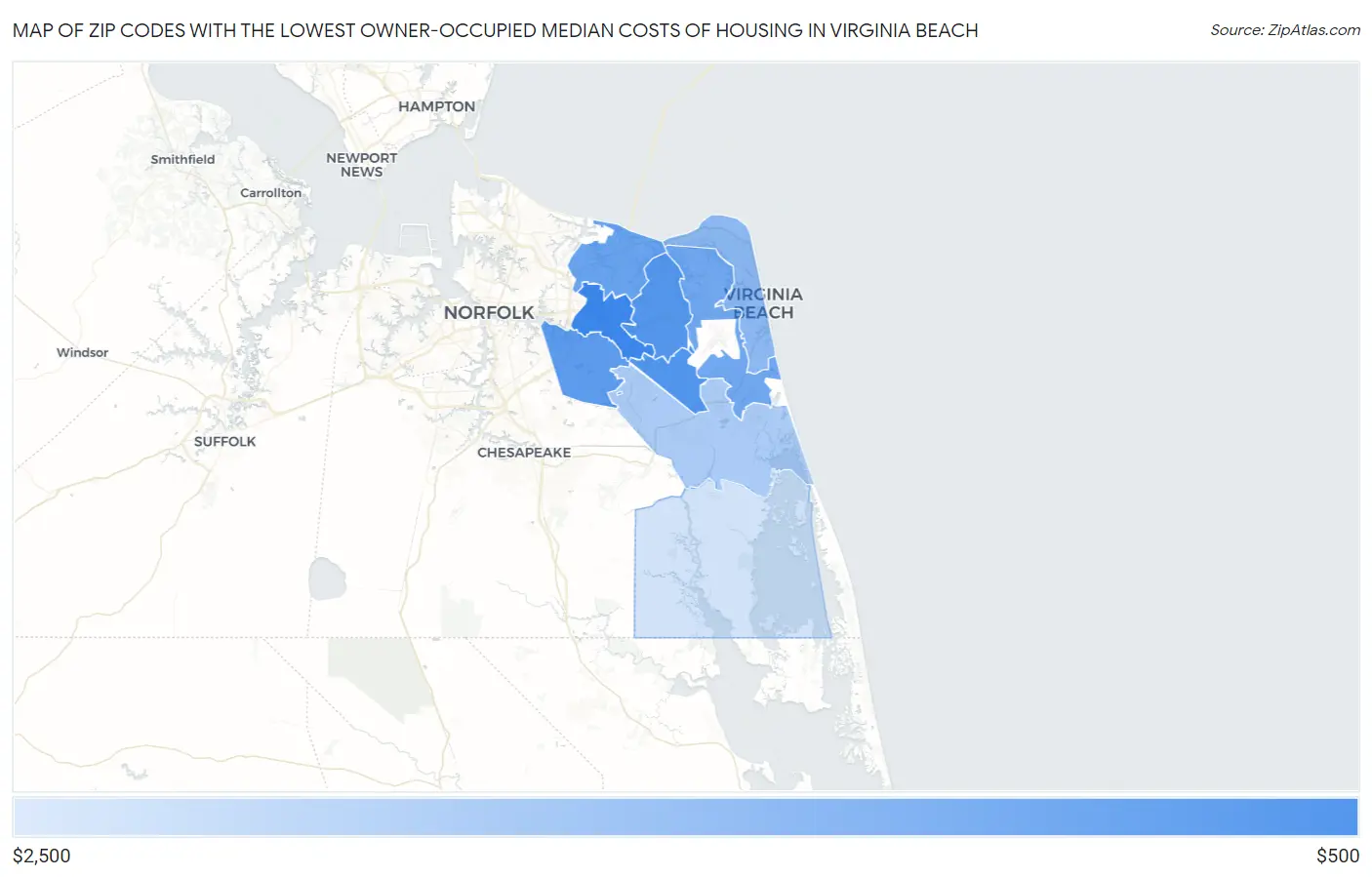 Zip Codes with the Lowest Owner-Occupied Median Costs of Housing in Virginia Beach Map