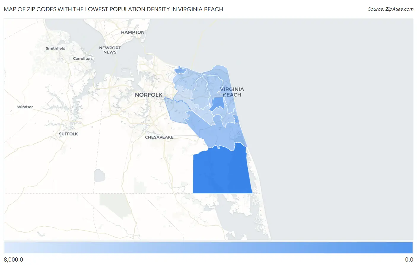Zip Codes with the Lowest Population Density in Virginia Beach Map