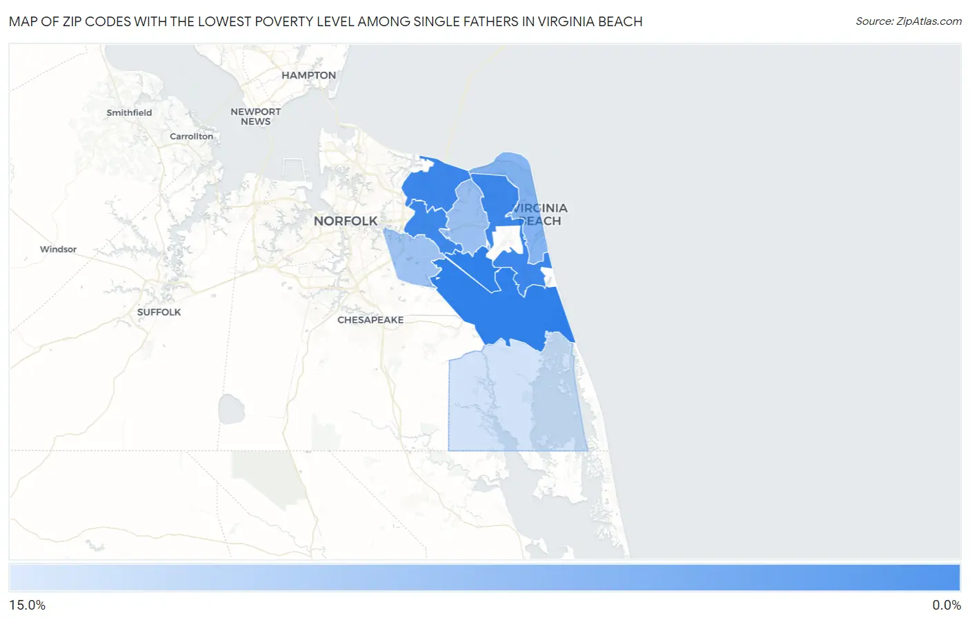 Zip Codes with the Lowest Poverty Level Among Single Fathers in Virginia Beach Map