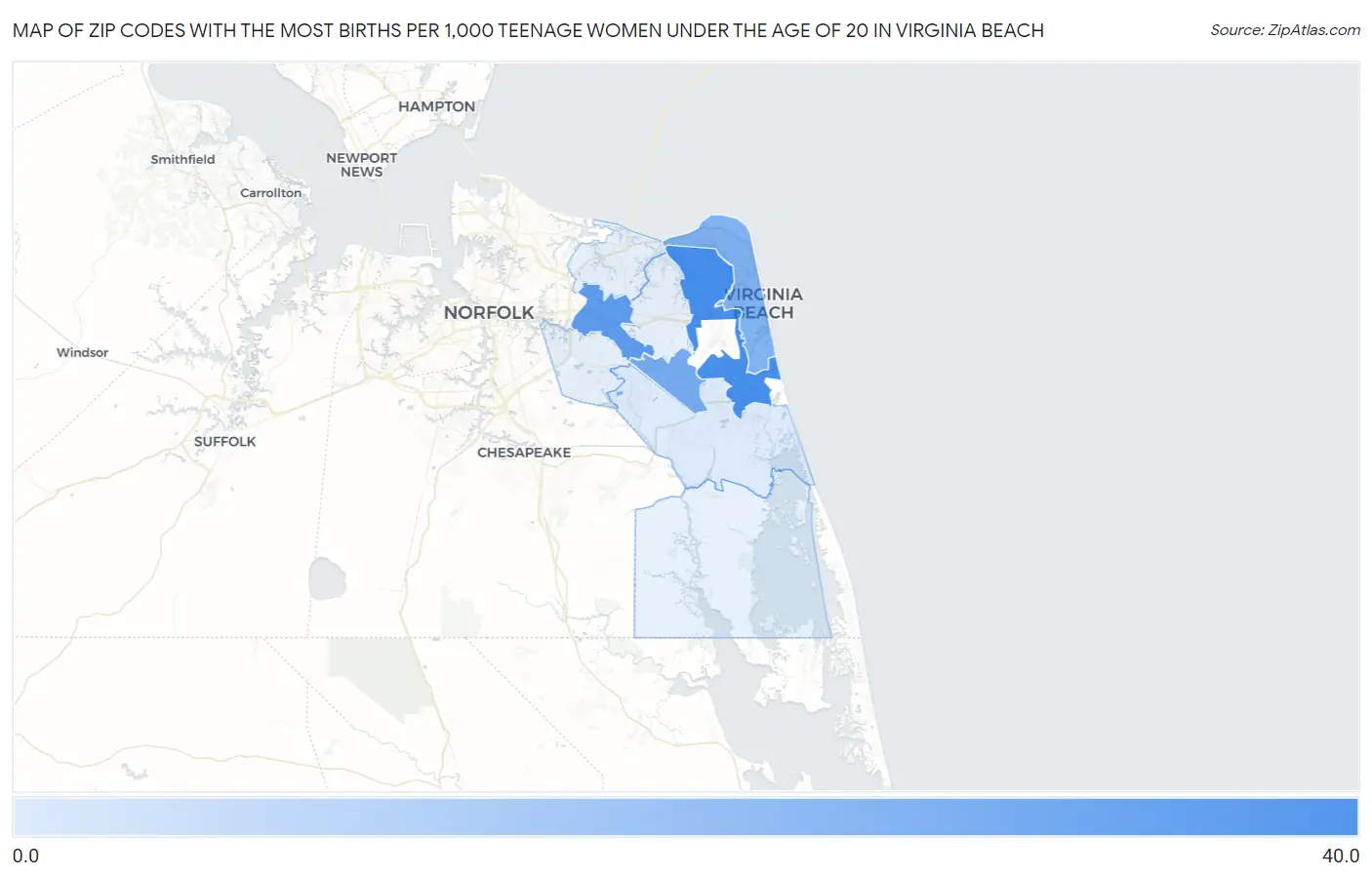 Zip Codes with the Most Births per 1,000 Teenage Women Under the Age of 20 in Virginia Beach Map