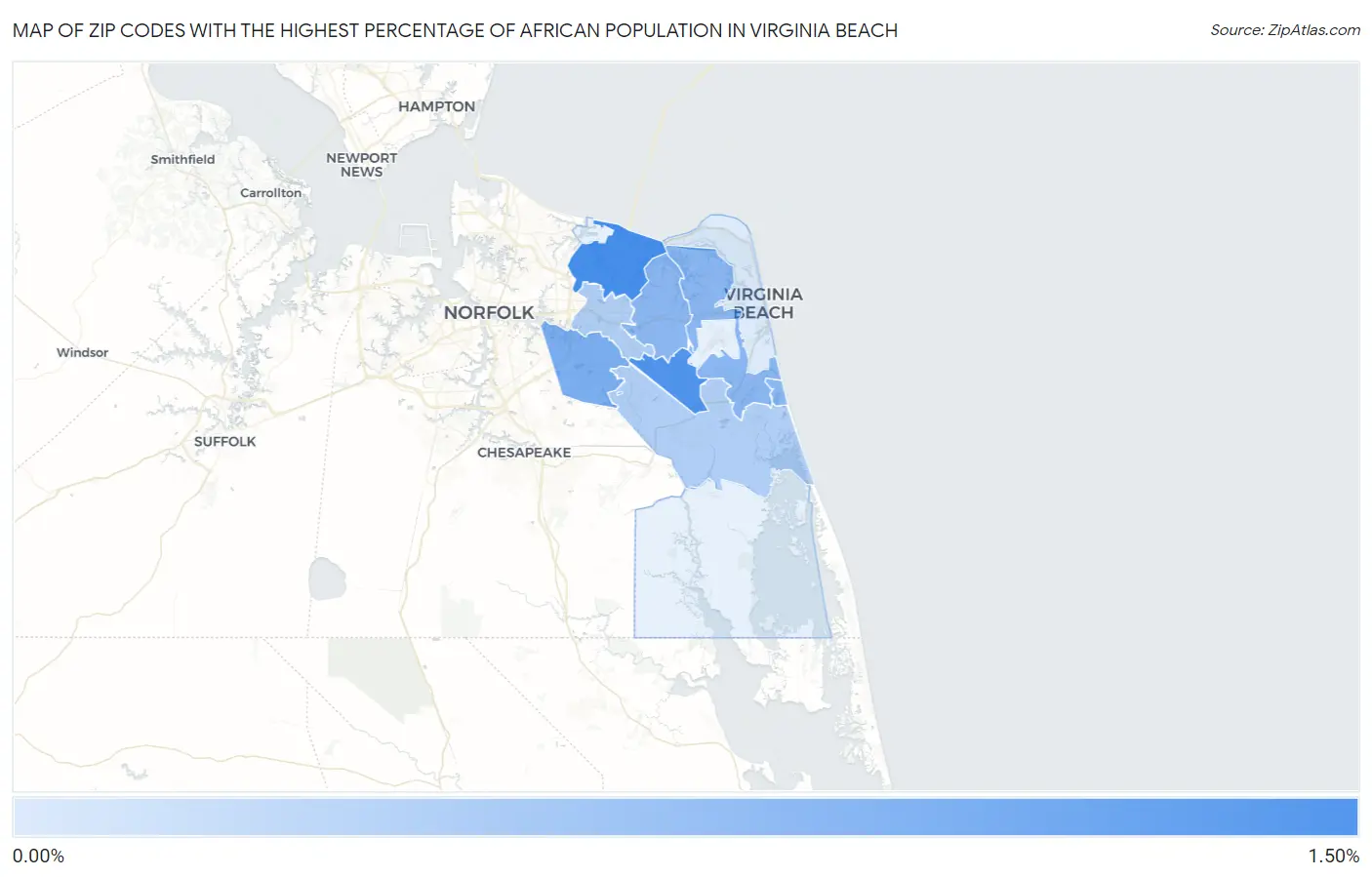 Zip Codes with the Highest Percentage of African Population in Virginia Beach Map