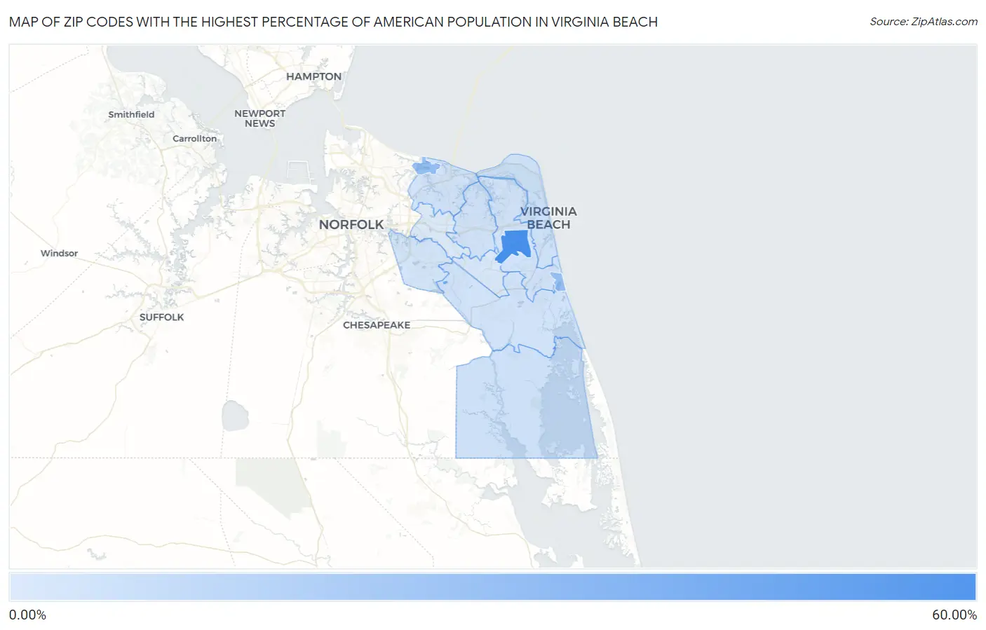 Zip Codes with the Highest Percentage of American Population in Virginia Beach Map