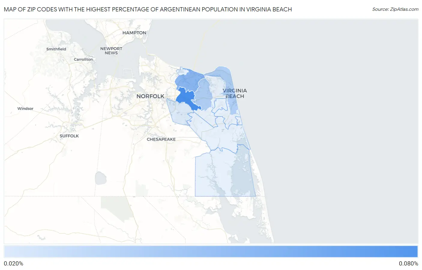 Zip Codes with the Highest Percentage of Argentinean Population in Virginia Beach Map