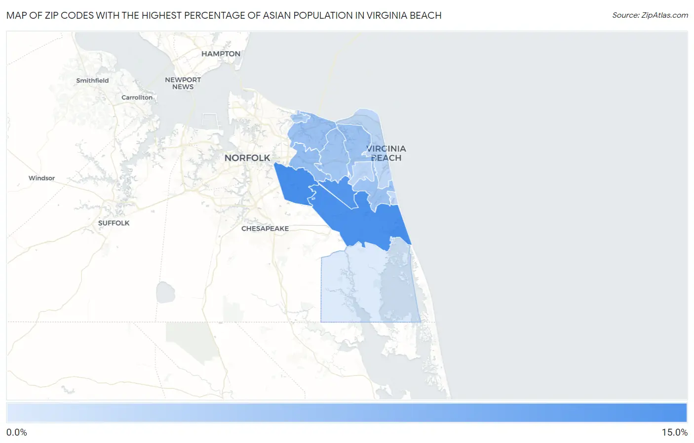 Zip Codes with the Highest Percentage of Asian Population in Virginia Beach Map