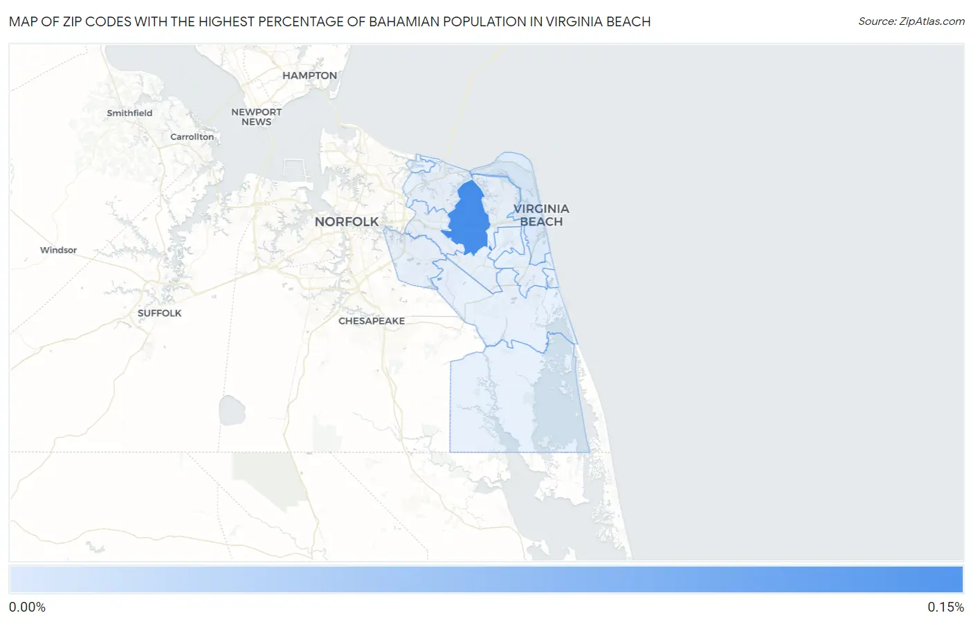 Zip Codes with the Highest Percentage of Bahamian Population in Virginia Beach Map