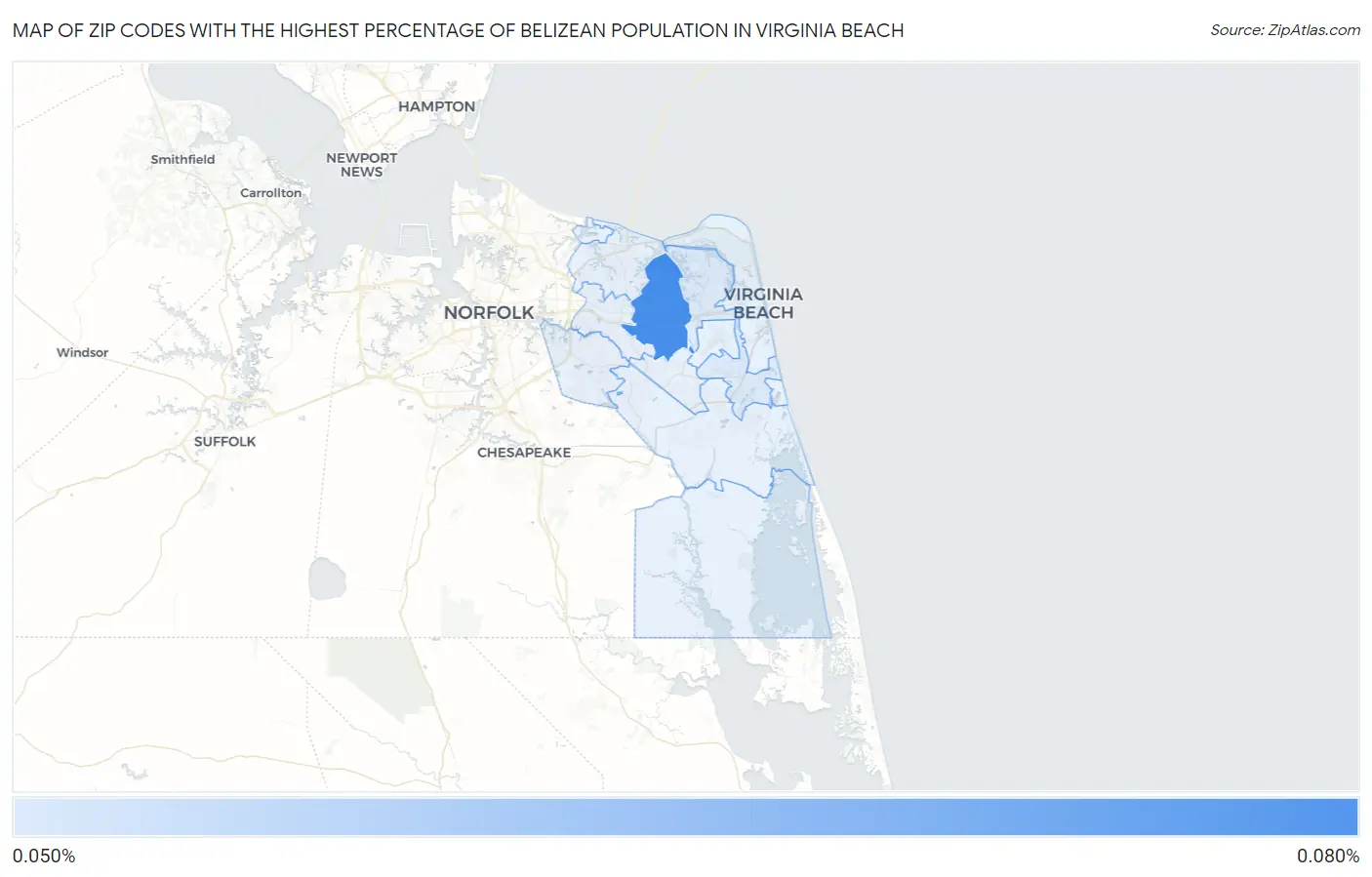 Zip Codes with the Highest Percentage of Belizean Population in Virginia Beach Map