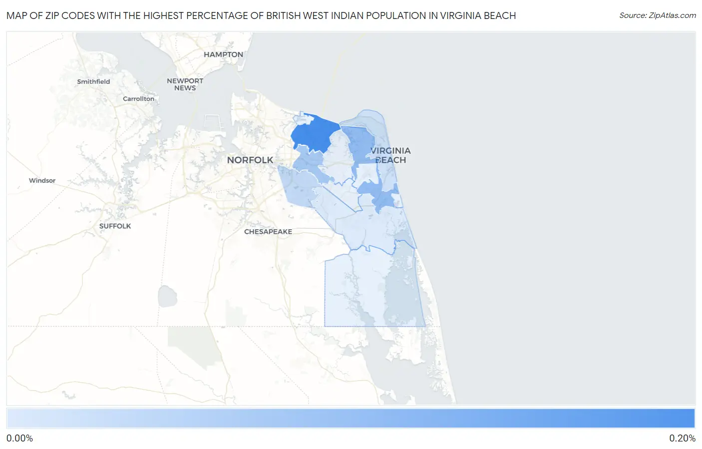 Zip Codes with the Highest Percentage of British West Indian Population in Virginia Beach Map