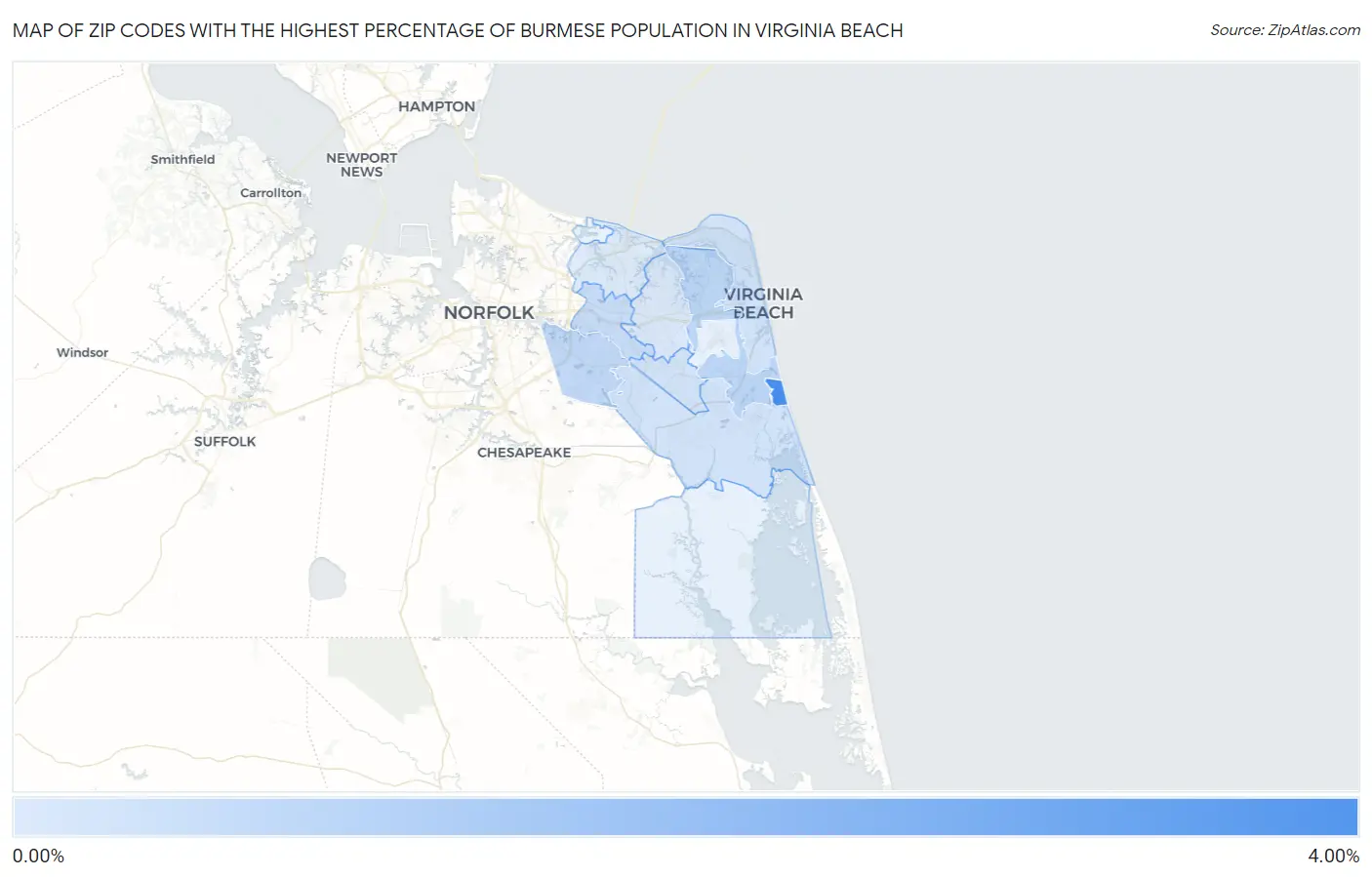 Zip Codes with the Highest Percentage of Burmese Population in Virginia Beach Map