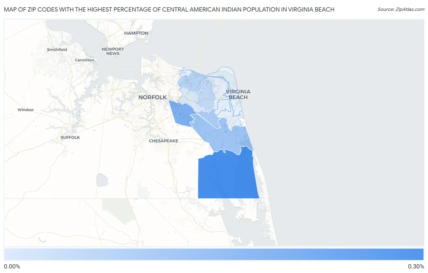 Zip Codes with the Highest Percentage of Central American Indian Population in Virginia Beach Map